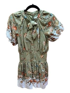GB Girls Floral Puff Sleeve Dress Bow Front Green Size L NWT Cottagecore. Lined